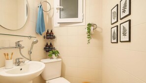 A bathroom with a sink, toilet, and a mirror. There are framed botanical prints on the wall and a blue towel hanging on the towel rack. - Lefkes Home With Village Views (Paros)