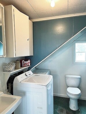 Hair dryer, towels, soap, toilet paper