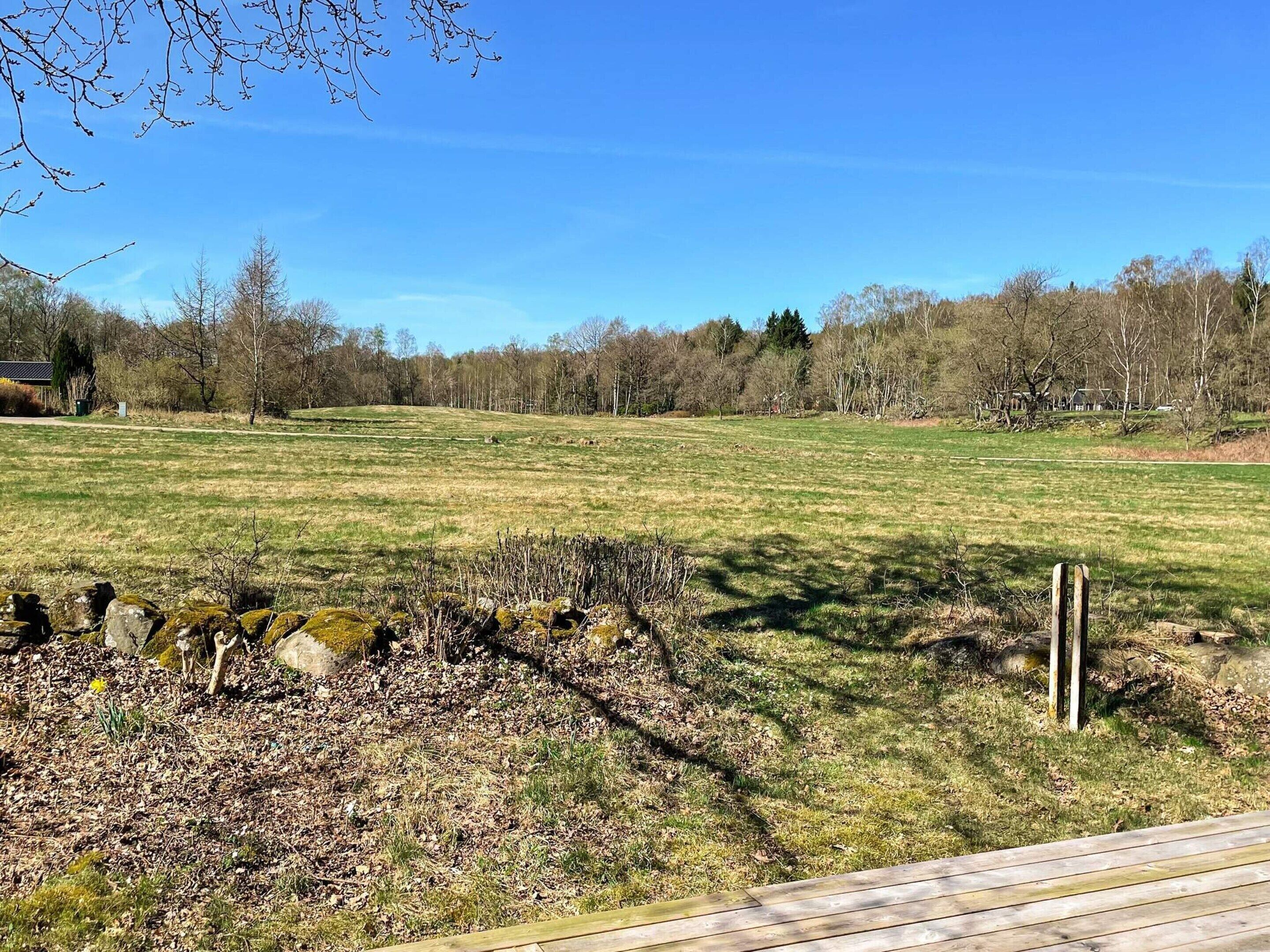 A grassy field with a stone wall and wooden posts, surrounded by trees and a clear sky.