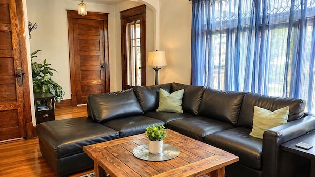 A living room with a leather sofa, a wooden coffee table, a patterned rug, and a potted plant.