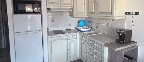 Fridge, microwave, stovetop, coffee/tea maker