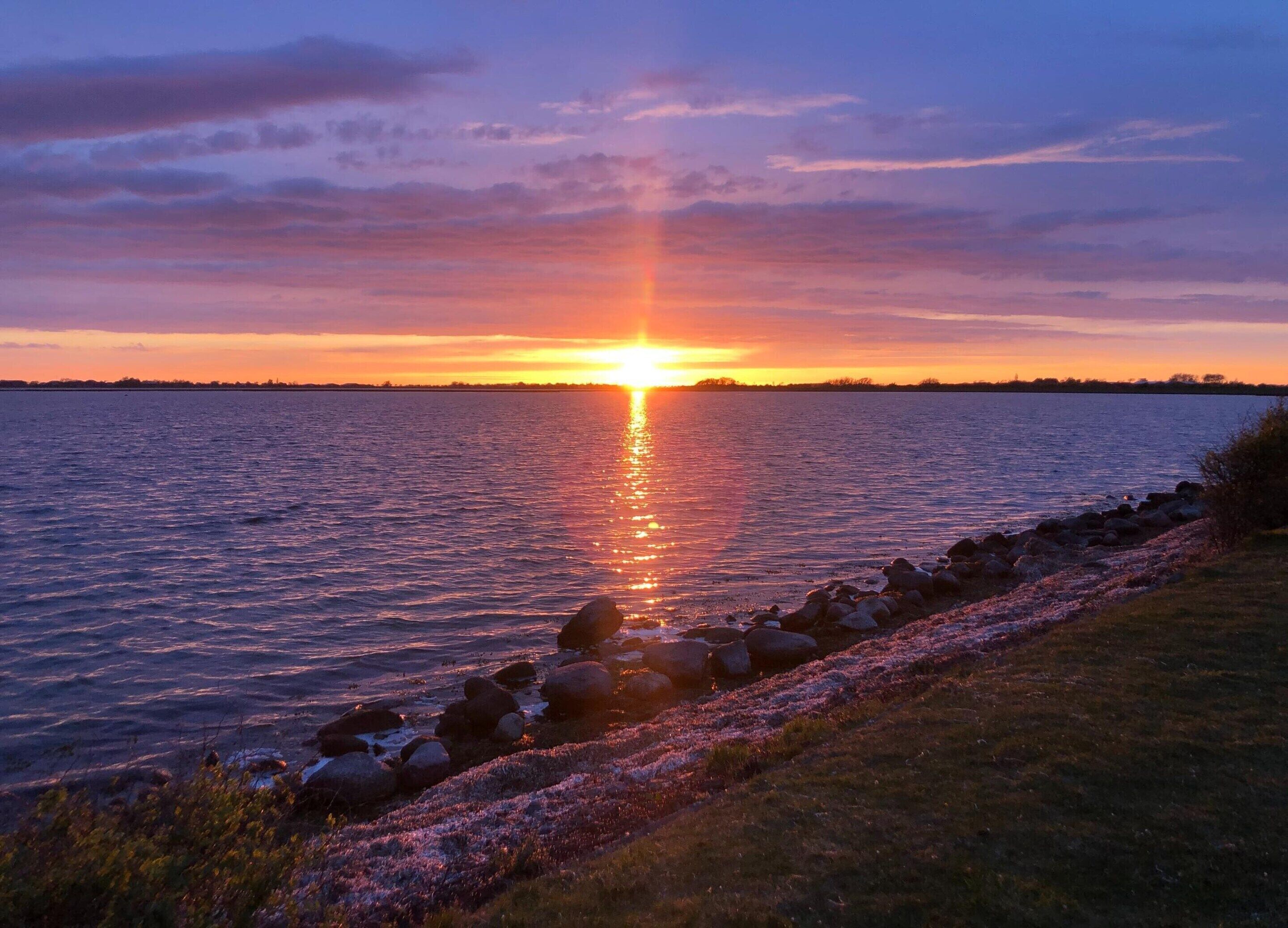 A sunset over a calm body of water with a rocky shoreline and sparse vegetation.