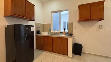 Mini-fridge, cookware/dishes/utensils