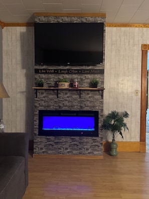 Smart TV, fireplace, books