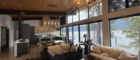Smart TV, fireplace, books, printers