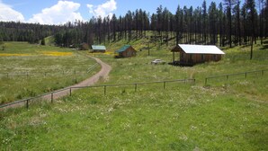A rural landscape with a dirt path, wooden cabins, and a forest in the background. - Beaver Creek Guest Ranch is your scenic getaway. (Blue)