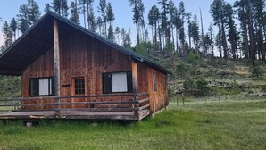 A wooden cabin with a porch and two windows, surrounded by a grassy field and tall trees. - Beaver Creek Guest Ranch is your scenic getaway. (Blue)