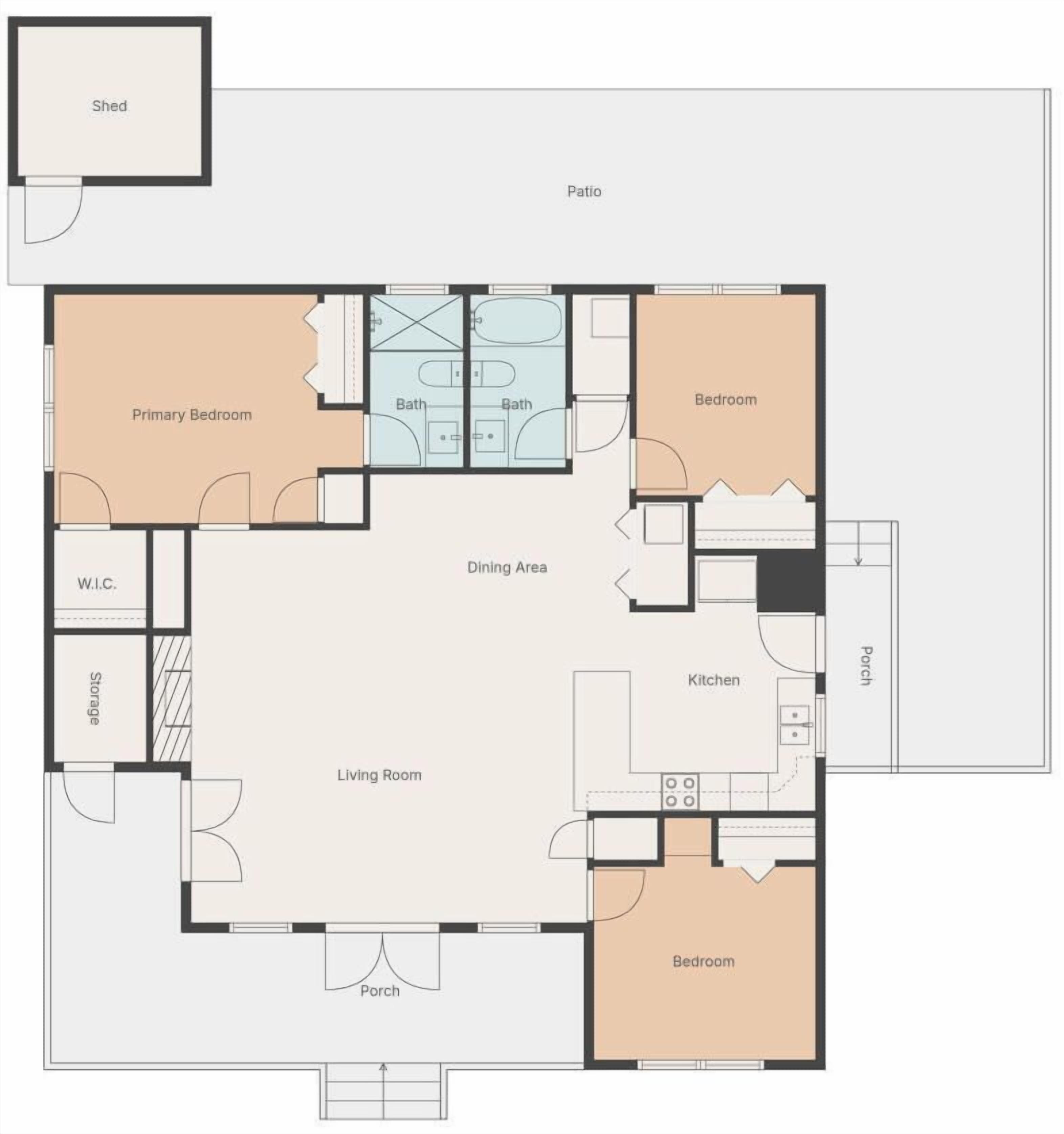 Un plan d’étage comprenant une chambre principale, une chambre d’appoint, une cuisine, un coin repas, un salon, un dressing, un espace de rangement et une terrasse.