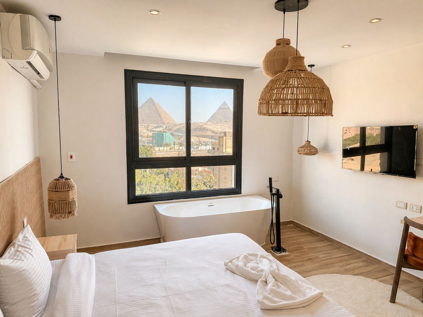 Ein modernes Schlafzimmer mit großem Fenster, Badewanne und Blick auf Pyramiden.