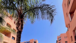 A pathway leading to a building with a pool, surrounded by palm trees and greenery. - Palmeraie fountain view (Marrakech)