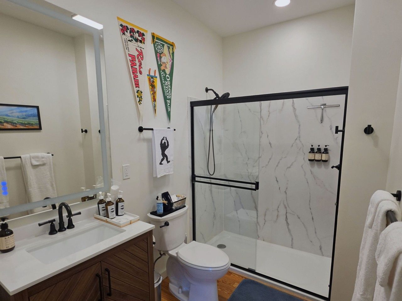 A modern bathroom with a glass-enclosed shower, a white toilet, and a vanity with a mirror.
