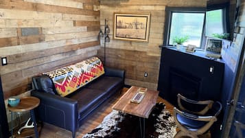 Televisión, chimenea, libros y estéreo