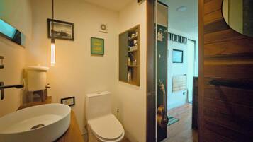 Shower, towels, soap, toilet paper