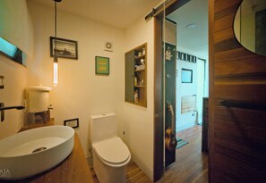Shower, towels, soap, toilet paper