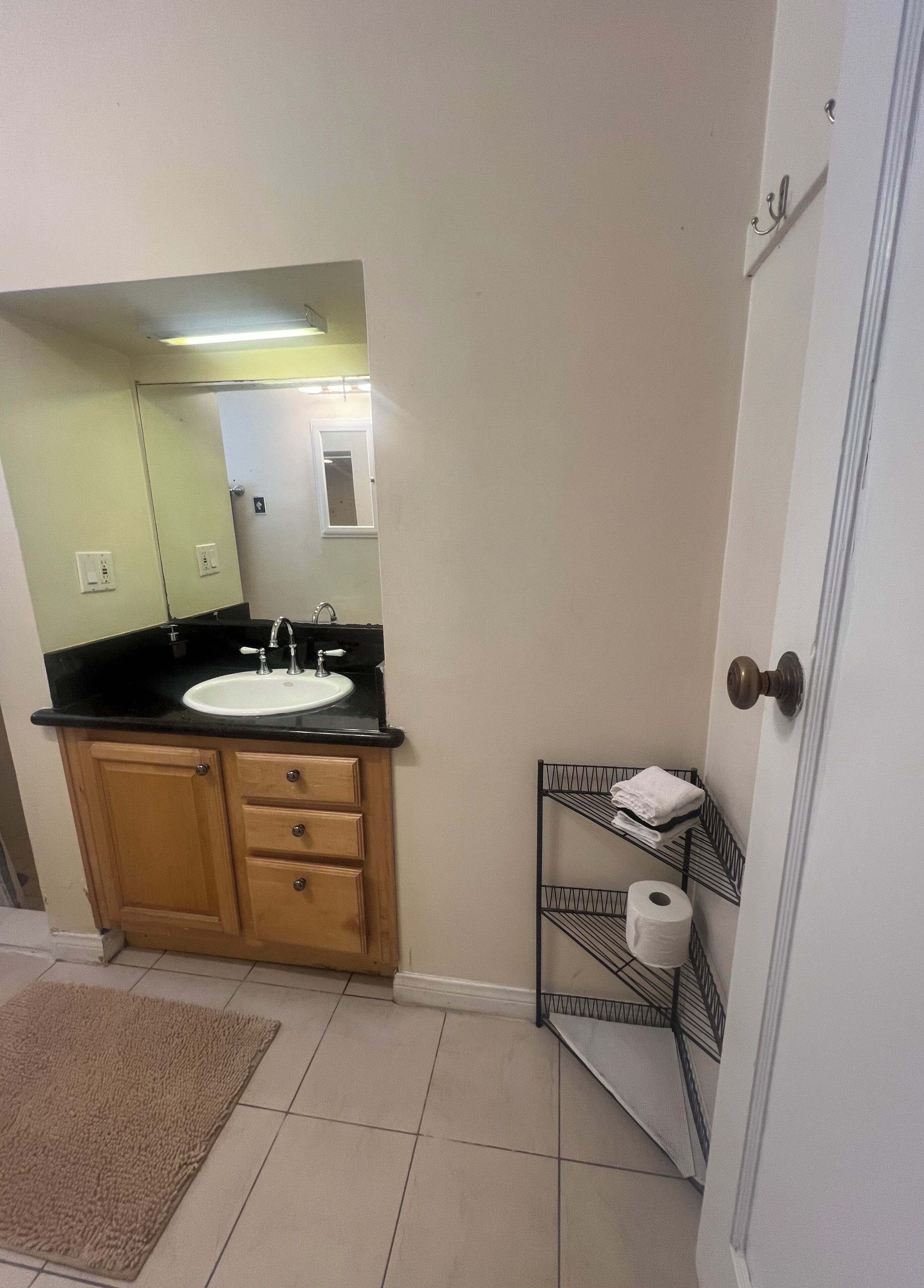 Hair dryer, towels, soap, toilet paper