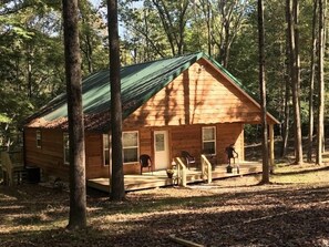 Eine Holzhütte mit Veranda, umgeben von Bäumen.