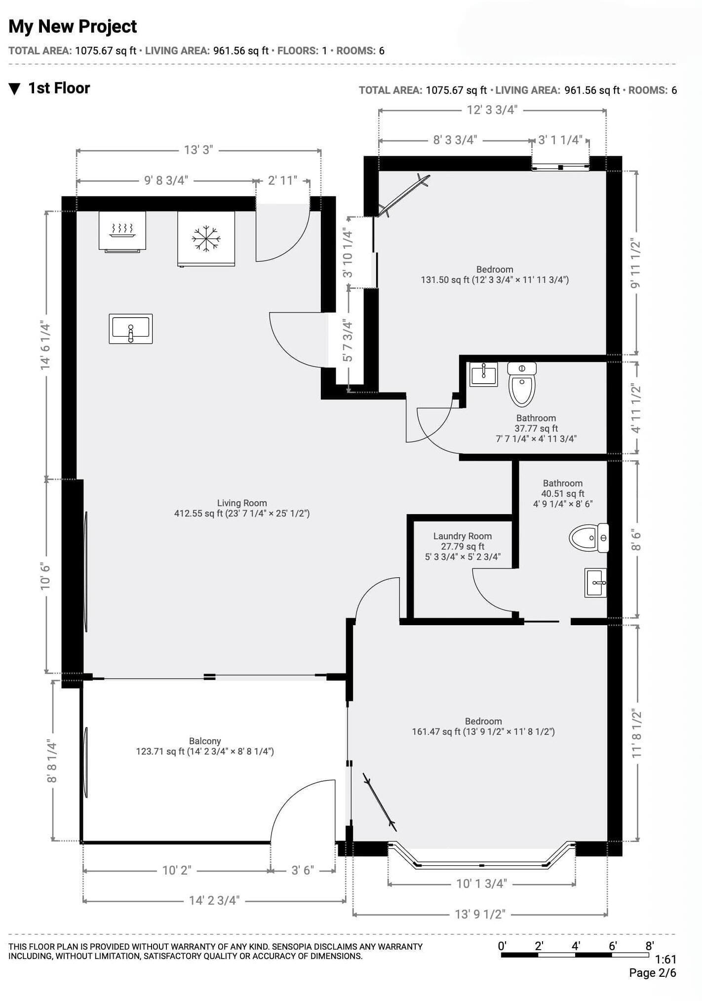 Plan d’étage d’un appartement situé au premier étage, d’une superficie totale de 1075,67 pieds carrés, comprenant 6 pièces.