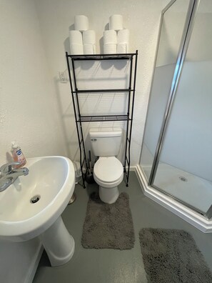 Douche, serviettes fournies, savon, papier toilette
