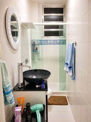 Shower, hair dryer, bidet, towels