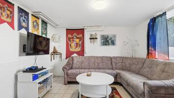 TV, fireplace, DVD player, foosball