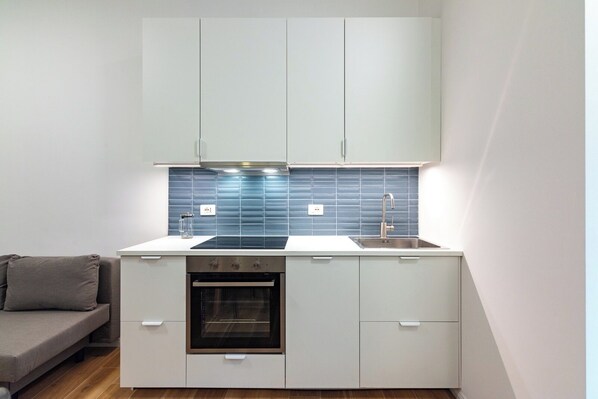 A compact kitchen with a built-in oven, a sink, and a stove. - Newly renovated 1BR Apartment - Washington/Tolstoi 15 min away from Duomo (Milano)