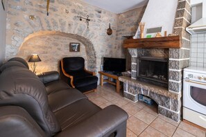 TV, fireplace, books - Gîte Betty in Laval du Tarn (LAVAL DU TARN)