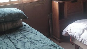 Una habitación con cama, televisor sobre un soporte de madera y ventana con cortinas.