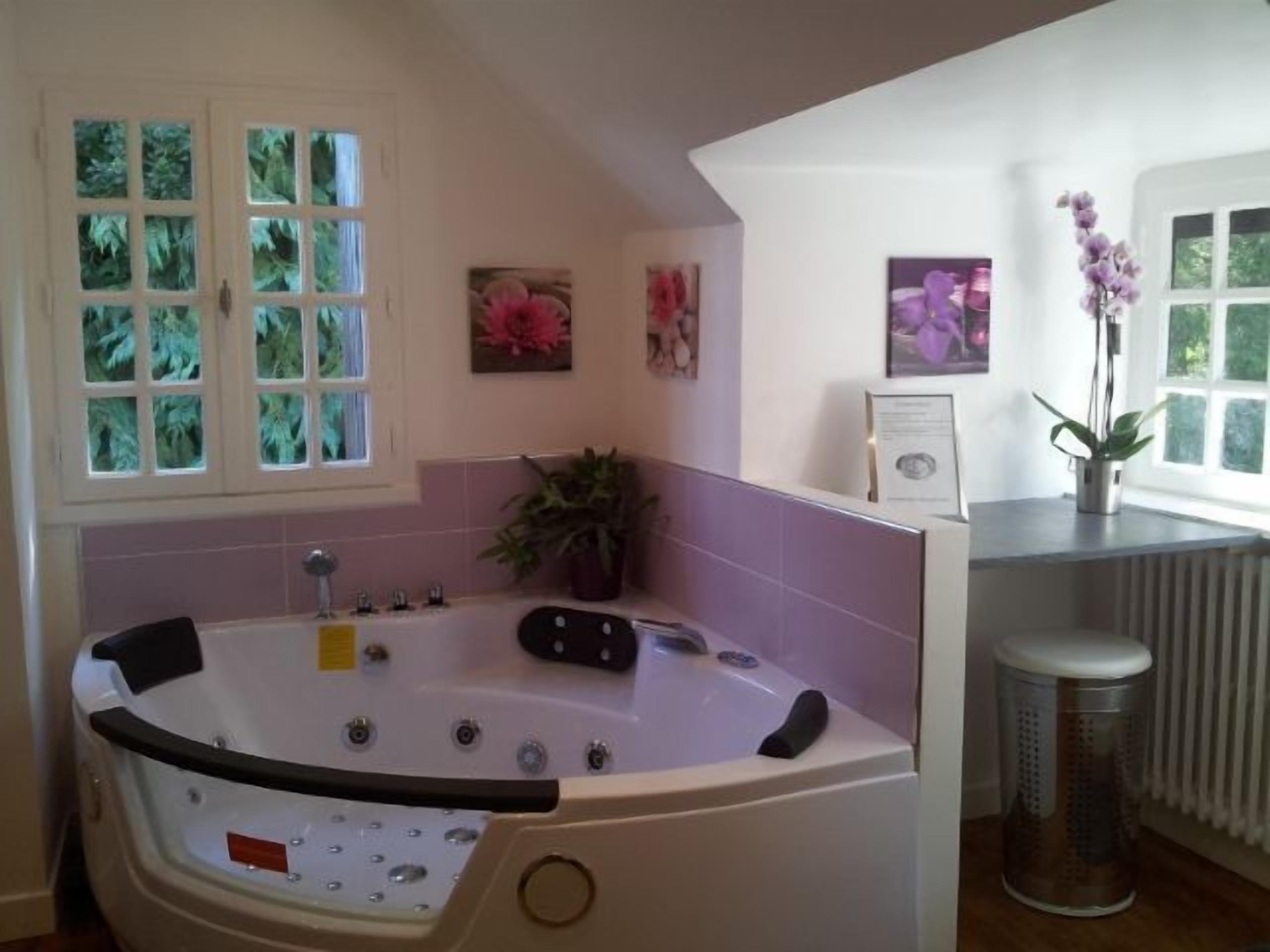 Een badkamer met een bad, een raam met uitzicht en een plant in een pot.