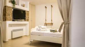 Un dormitorio con cama, televisión, chimenea y un columpio.