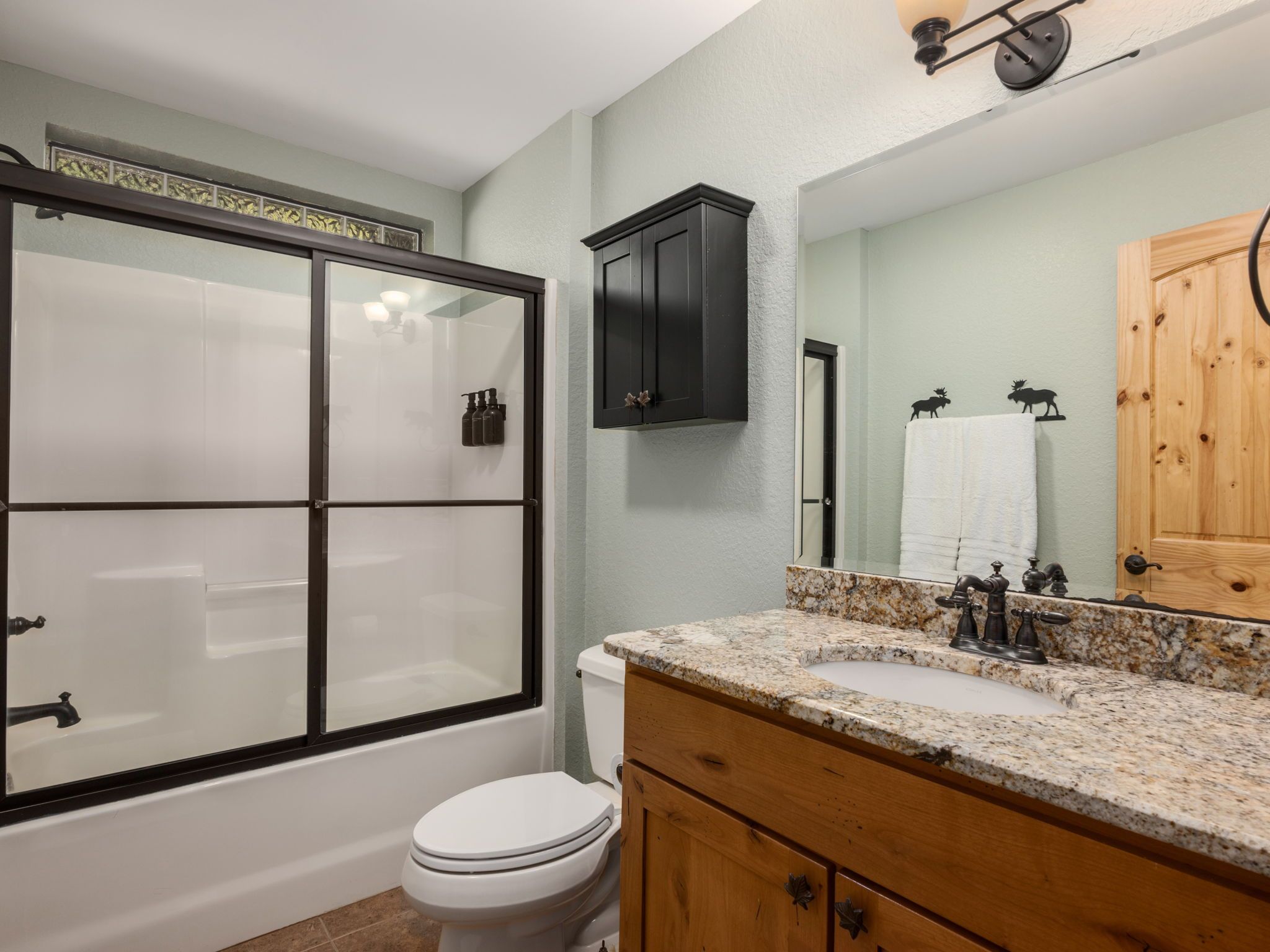 A bathroom with a glass-enclosed shower, a white toilet, a wooden vanity with a sink, and a mirror.