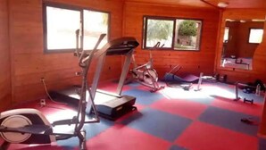 Et fitnessrum med træningsudstyr, trævægge og store vinduer.