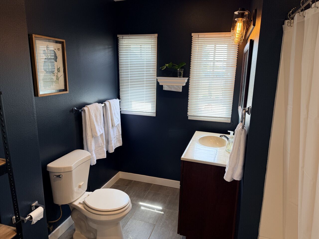 A bathroom with a toilet, sink, and two windows with blinds.