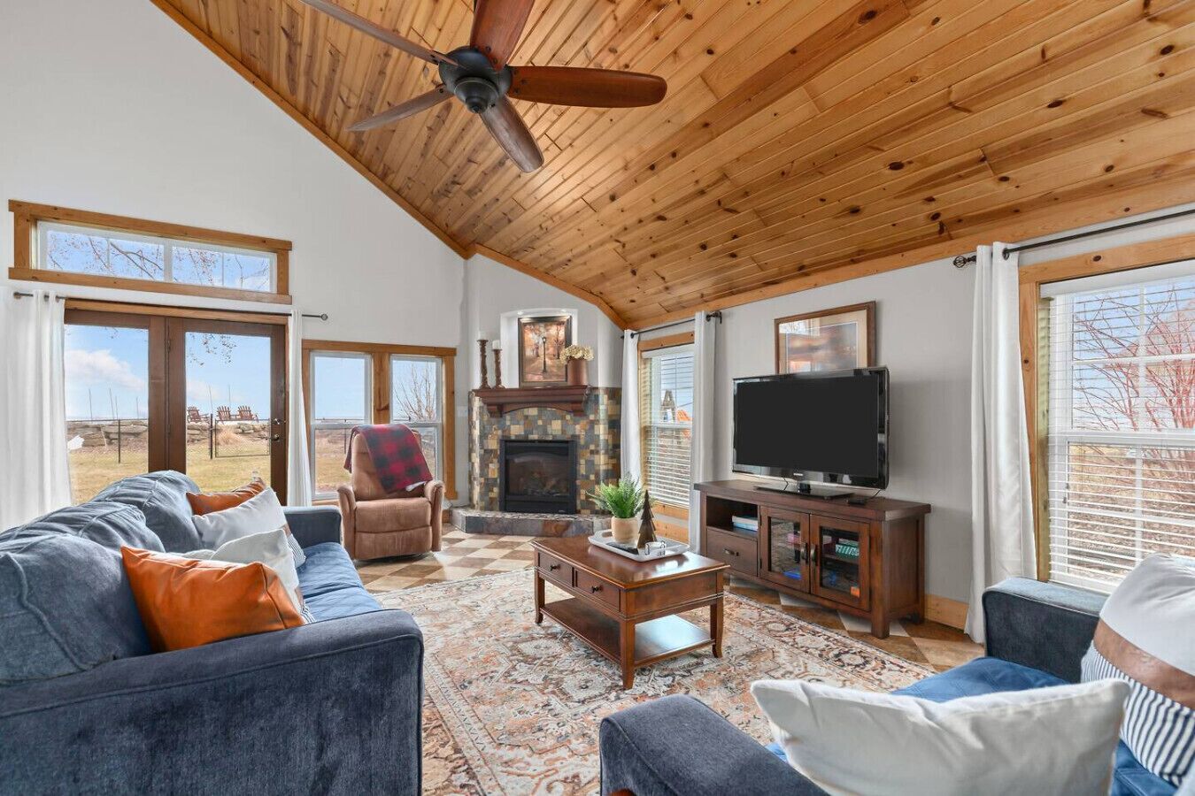 TV, fireplace, books