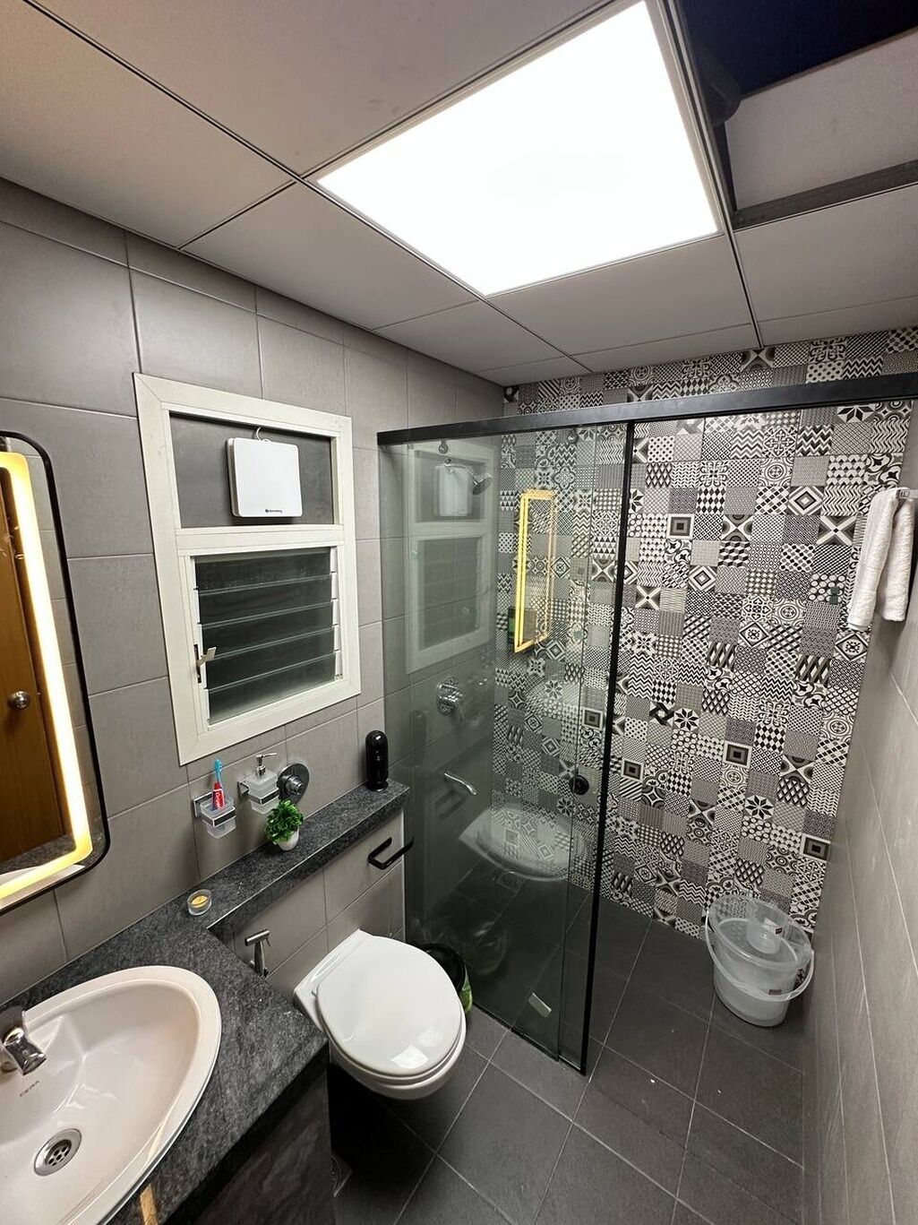 Hair dryer, towels, soap, toilet paper