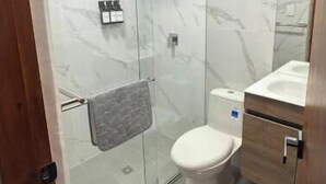 Kylpyhuone, jossa on lasiseinällä varustettu suihku, wc ja peilillä varustettu pesuallas.