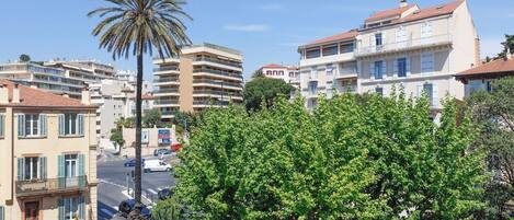 Una zona urbana costera con edificios de varios pisos, una palmera y una calle con vehículos.