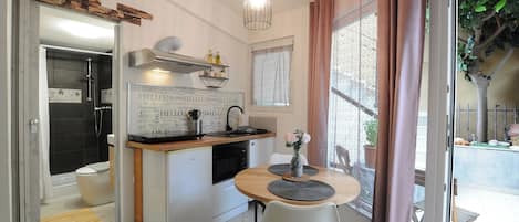 Fridge, microwave, cookware/dishes/utensils