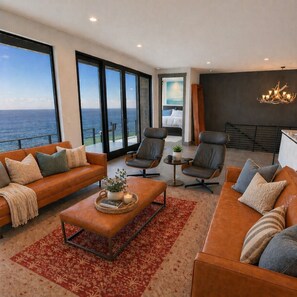 Smart TV, fireplace, books, music library