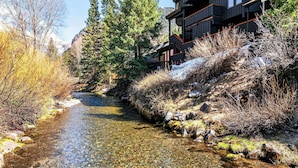 A clear stream flowing through a wooded area with a building on the right. - Riverstone Retreat by Avantstay Shared Hot Tub + Mountain Views Walk to Gondola + San Miguel River Trail (Telluride)