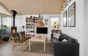 Un saló acollidor amb una llar de foc, prestatges de llibres, un televisor i una zona de seients confortable.