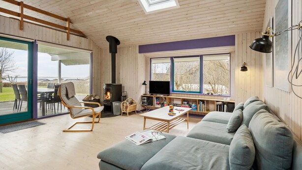 A cozy living room with a sofa, a TV, a fireplace, and a large window.