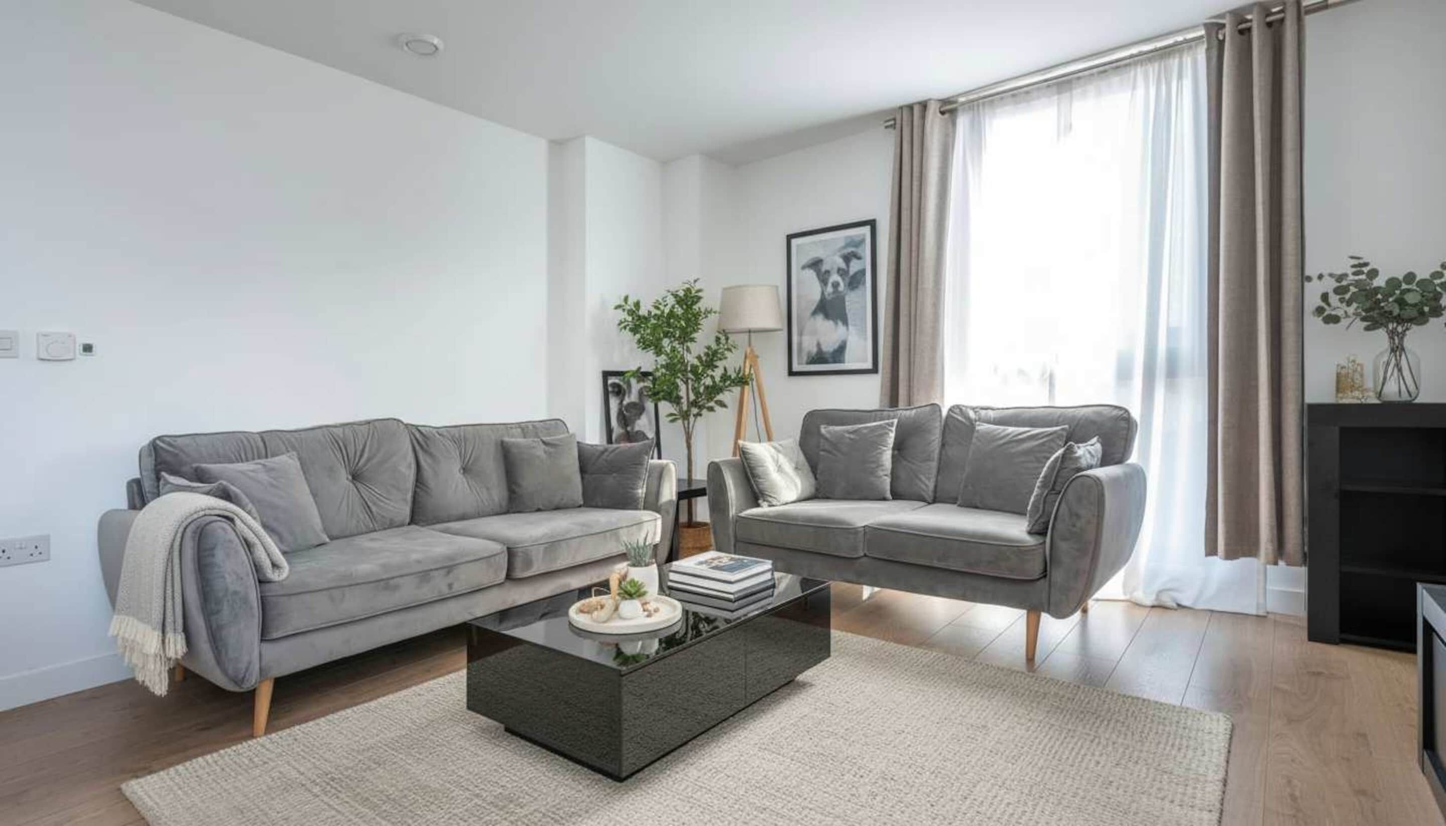 A modern living room with two grey sofas, a coffee table, and a bookshelf.