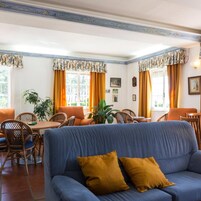 Una habitación con sofá azul, sillas anaranjadas, una mesa de comedor y una ventana con cortinas.
