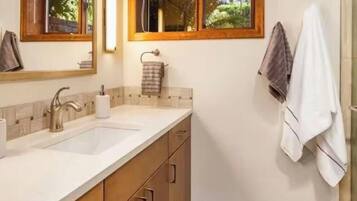 Hair dryer, towels, soap, toilet paper
