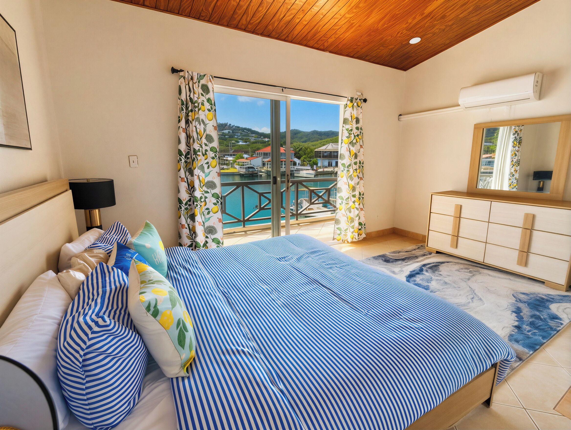 Un dormitorio con cama, cómoda, espejo y vista a una piscina y montañas.
