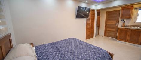 A bedroom with a bed, a ceiling fan, a TV, wooden cabinets, and a kitchenette.