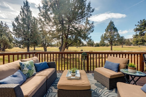 A deck with wicker furniture, a small table, and a potted plant.