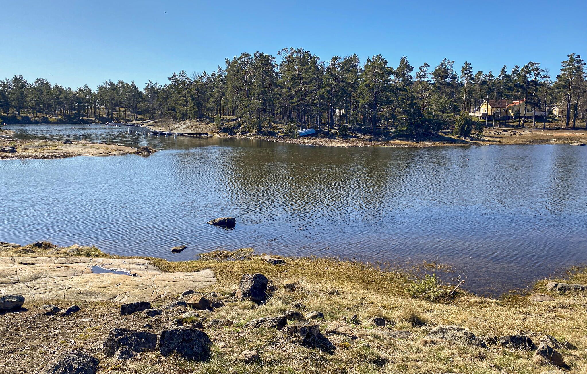 Un paisaje natural con una masa de agua, árboles y una casa pequeña.
