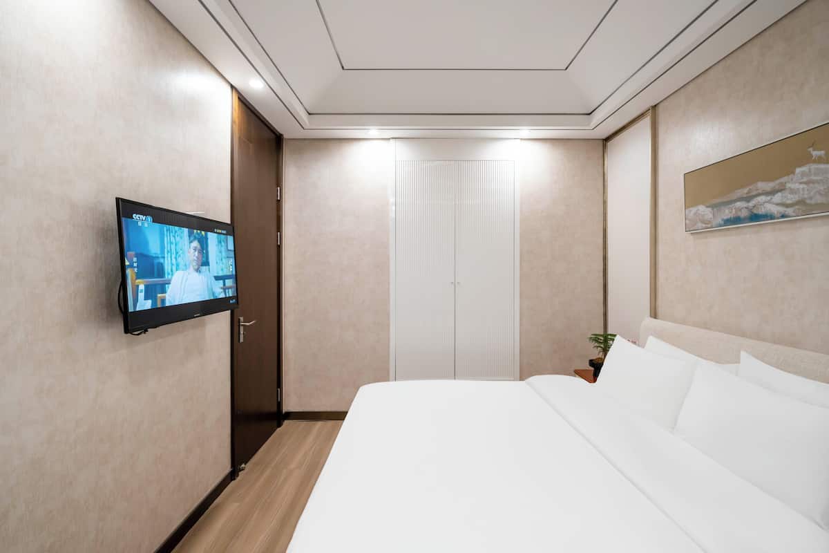 Habitación de hotel con cama, televisor montado en la pared, una puerta y un cuadro.