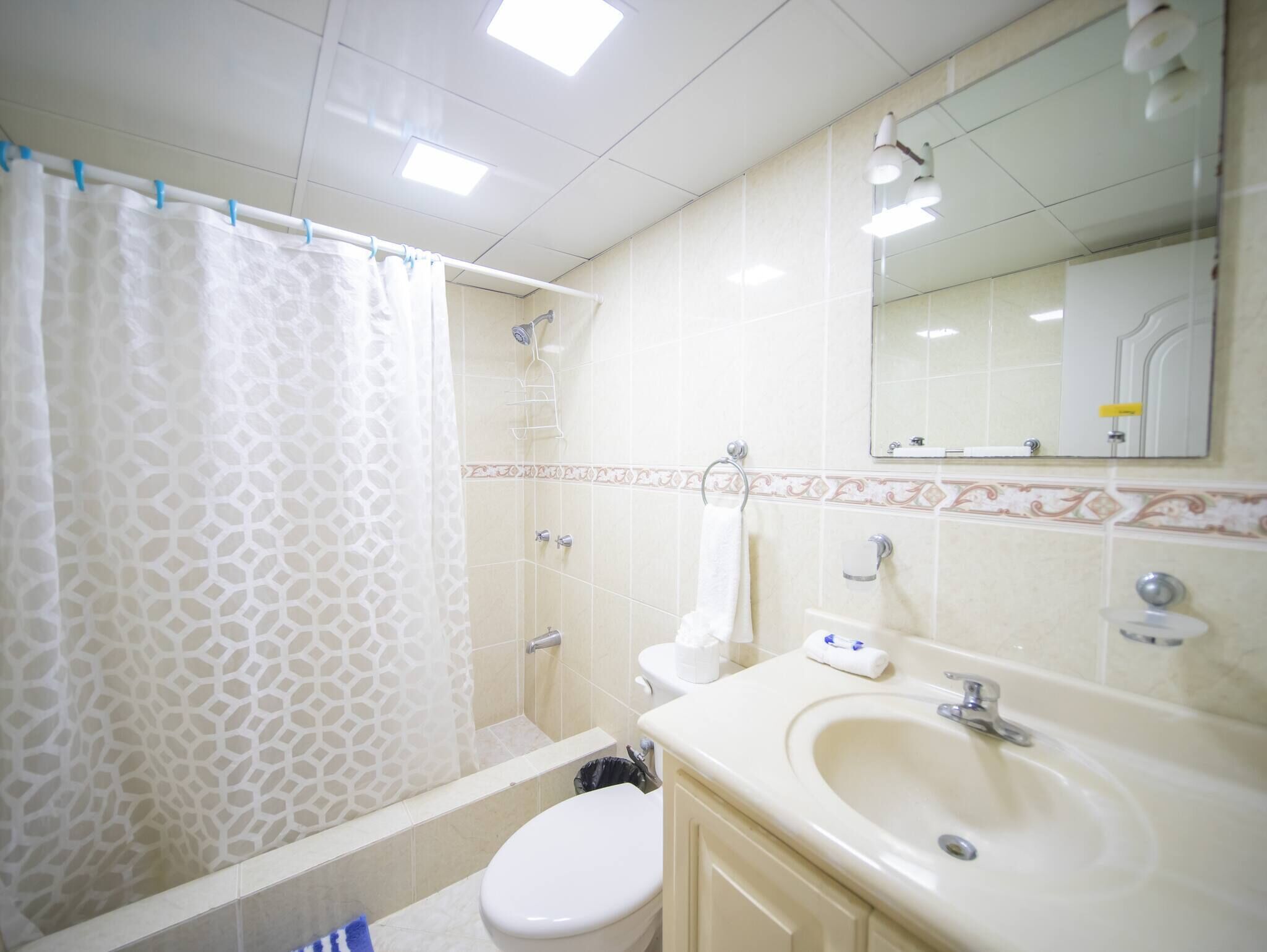 Un bagno con doccia, servizi igienici, lavandino e specchio.